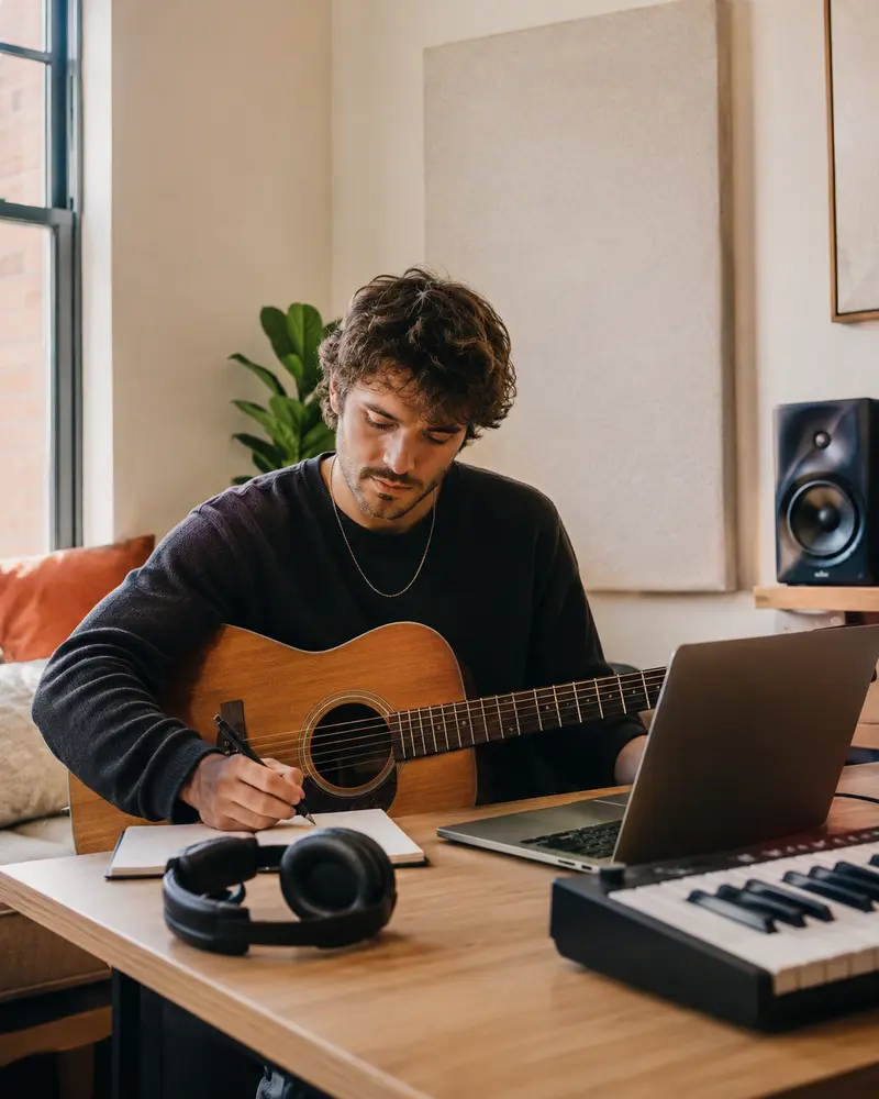 Independent artist writing music with a guitar in a home studio