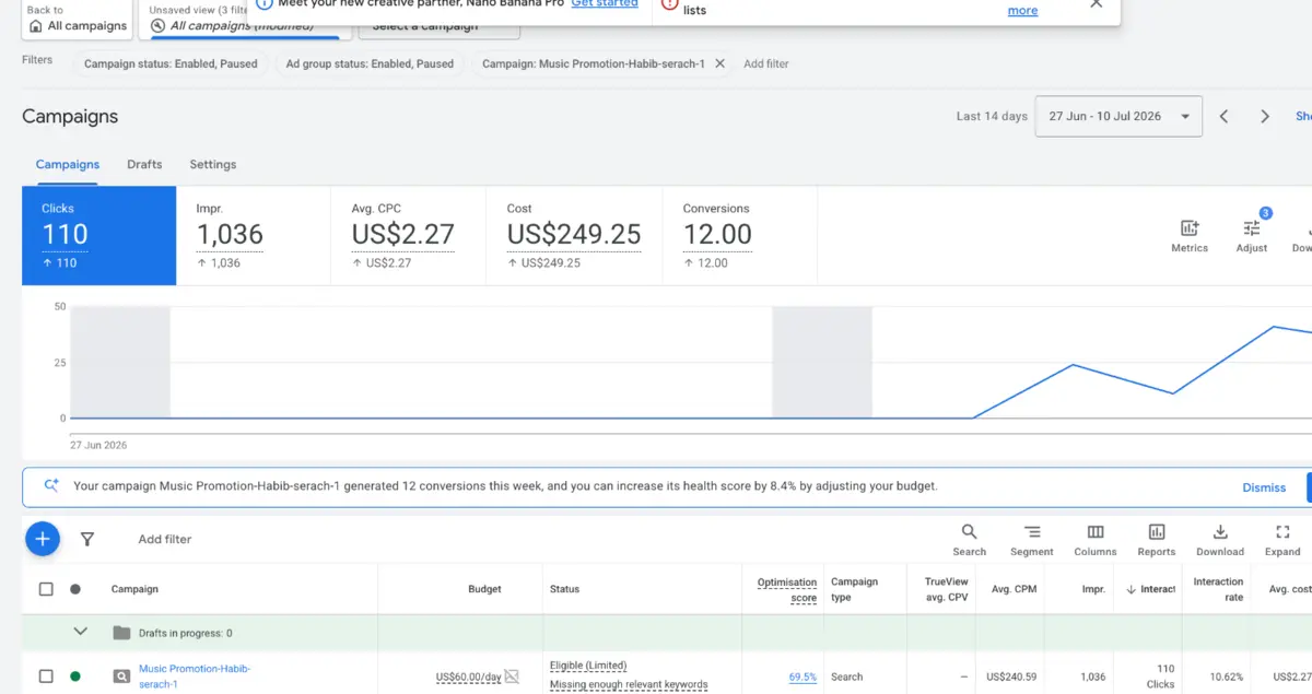 Google Ads dashboard for a ProfitRx music promotion campaign